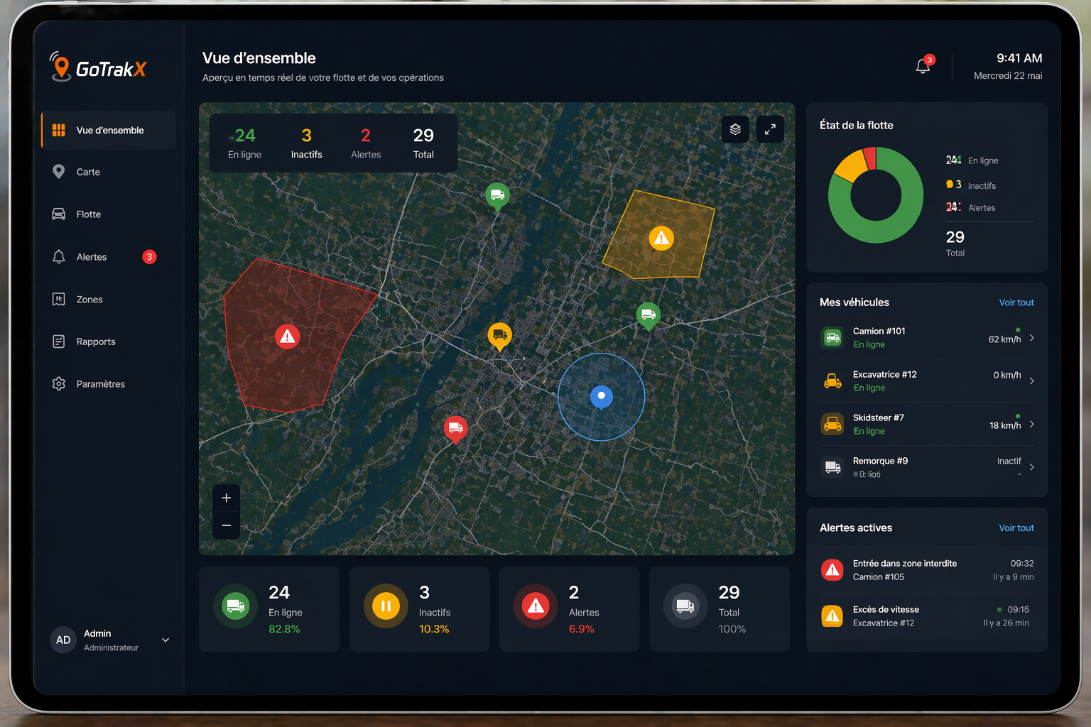 Plateforme GoTrakX — vue d'ensemble de la flotte avec carte, alertes et géorepérages